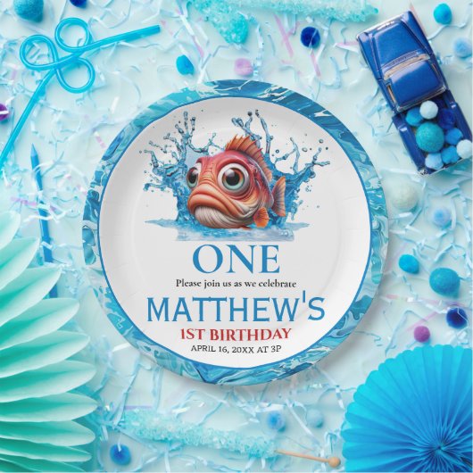 かわいい水青の魚1日の誕生日 ペーパープレート (パーティー)