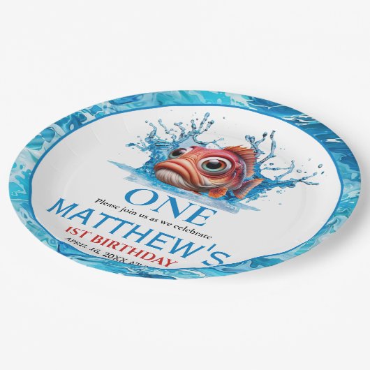 かわいい水青の魚1日の誕生日 ペーパープレート (アングル)