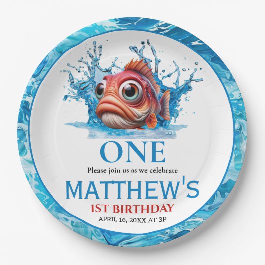 かわいい水青の魚1日の誕生日 ペーパープレート (正面)