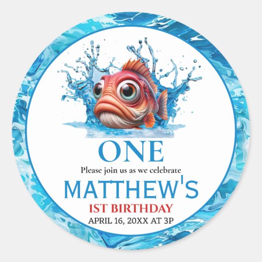 かわいい水青の魚1日の誕生日 ラウンドシール (正面)