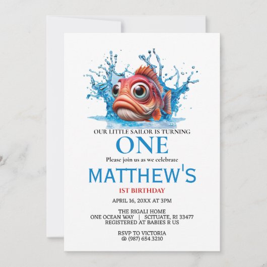 かわいい水青の魚1日の誕生日 招待状 (正面)