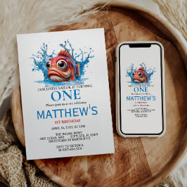 かわいい水青の魚1日の誕生日 招待状