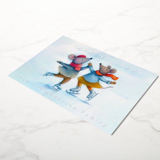 かわいい氷のスケートで滑るネズミ水の色フォイルホリデーカード 箔シーズンカード (回転した状態)