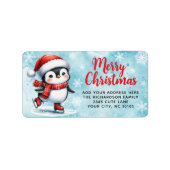 かわいい氷のスケートで滑るペンギンブルーレッドメリークリスマス ラベル (正面)