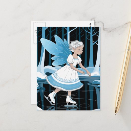 かわいい氷のスケートで滑る妖精の氷の冬の池 ポストカード (正面/裏面インサイチュ)