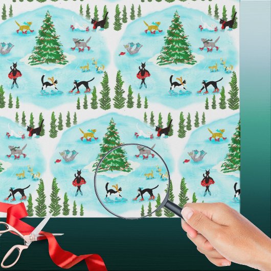 かわいい氷のスケートで滑る猫とクリスマススカーフ ラッピングペーパー