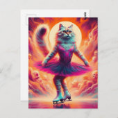 かわいい氷のスケートで滑る猫ピンク ポストカード (正面/裏面)