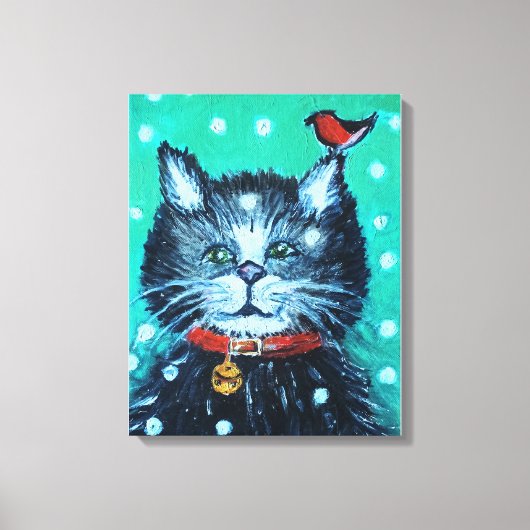かわいい油絵の猫と鳥のクリスマスグリーティング キャンバスプリント (正面)