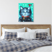 かわいい油絵の猫と鳥のクリスマスグリーティング キャンバスプリント (インサイチュ (寝室))
