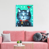 かわいい油絵の猫と鳥のクリスマスグリーティング キャンバスプリント (インサイチュ (リビング))