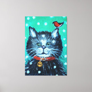 かわいい油絵の猫と鳥のクリスマスグリーティング キャンバスプリント