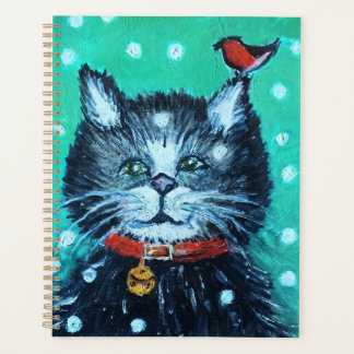 かわいい油絵の猫と鳥のクリスマスグリーティング プランナー手帳