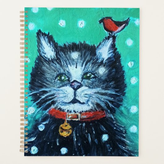 かわいい油絵の猫と鳥のクリスマスグリーティング プランナー手帳 (正面)