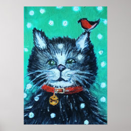 かわいい油絵の猫と鳥のクリスマスグリーティング ポスター