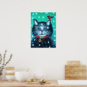 かわいい油絵の猫と鳥のクリスマスグリーティング ポスター (キッチン)