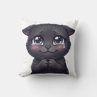 かわいい泣き顔の黒猫のキャンバスウォールアート クッション