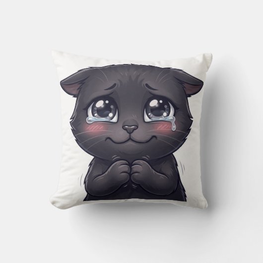 かわいい泣き顔の黒猫のキャンバスウォールアート クッション (正面)