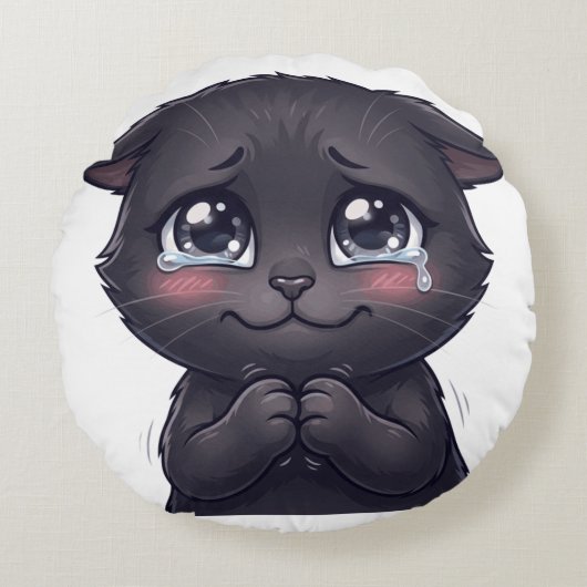 かわいい泣き顔の黒猫のキャンバスウォールアート ラウンドクッション (正面)