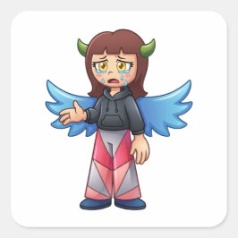 かわいい泣く悪魔天使の女の子青い羽根キャラクター スクエアシール