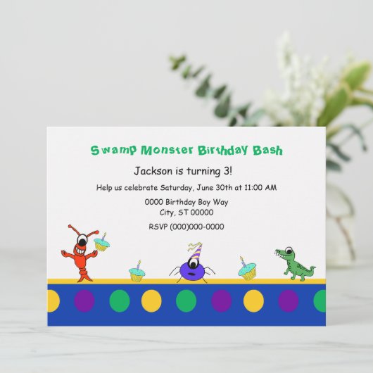 かわいい泥地モンスターのケージャンの子供の誕生日 招待状 (スタンド正面)
