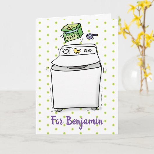 かわいい洗濯機の洗濯漫画イラストレーション カード (黄色い花)