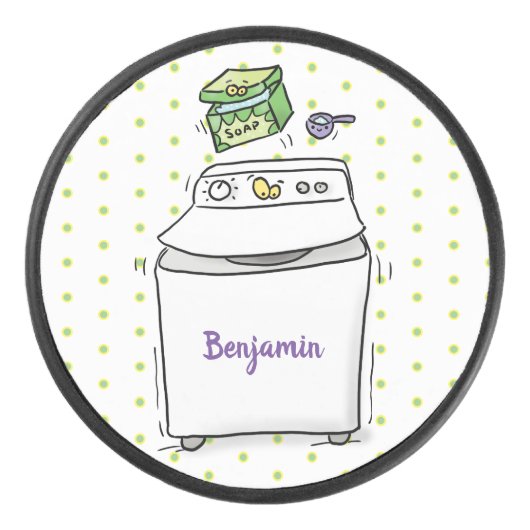 かわいい洗濯機ランドリー漫画イラストレーション アイスホッケーパック (正面)