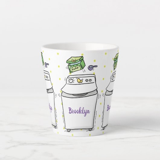 かわいい洗濯機ランドリー漫画イラストレーション カフェラテマグ (正面)