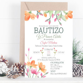 かわいい洗礼と初めての誕生日 水彩花 招待状