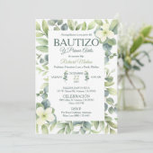 かわいい洗礼と生後1年の緑の葉 招待状 (スタンド正面)