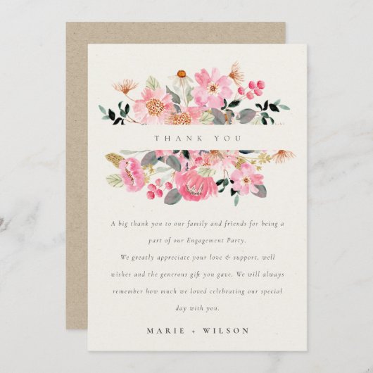 かわいい活気のあるピンクの水のカラーフローラ婚約 サンキューカード (正面/裏面)