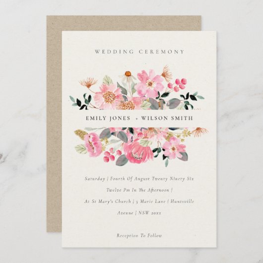 かわいい活気のあるピンクの水の色のフローラ結婚式の招待 サンキューカード (正面/裏面)