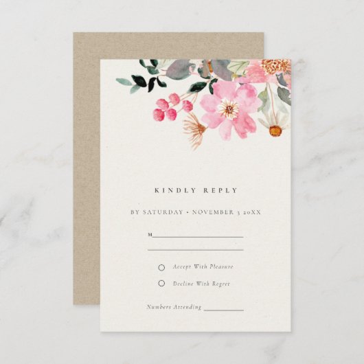 かわいい活気のあるピンクの水の色のフローラ結婚式RSVP エンクロージャーカード (正面/裏面)