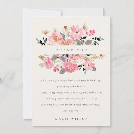 かわいい活気のあるピンクの水の色のフローラ赤ちゃんシャワー サンキューカード (正面)
