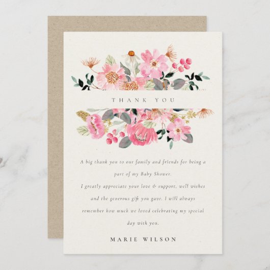 かわいい活気のあるピンクの水の色のフローラ赤ちゃんシャワー サンキューカード (正面/裏面)