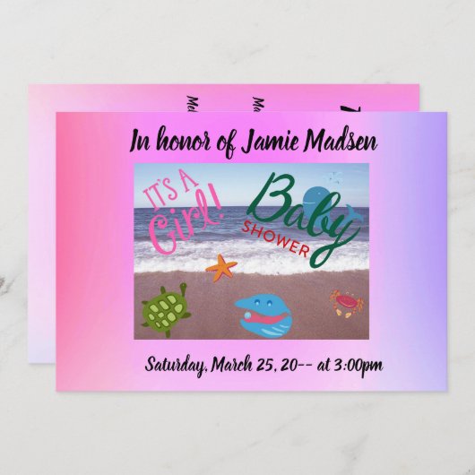 かわいい海が揺れる女の子の赤ちゃんシャワー 招待状 (正面/裏面)