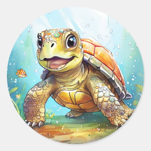 かわいい海のカメのイラスト ラウンドシール (正面)