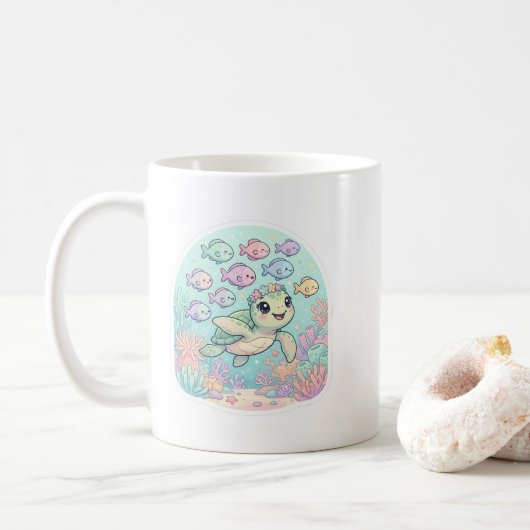 かわいい海のカメのデザインの白いコーヒーマグ コーヒーマグカップ (ドーナツ)