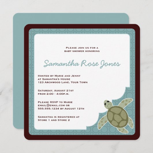 かわいい海のテーマのベビーシャワーの青およびブラウン 招待状 (正面/裏面)