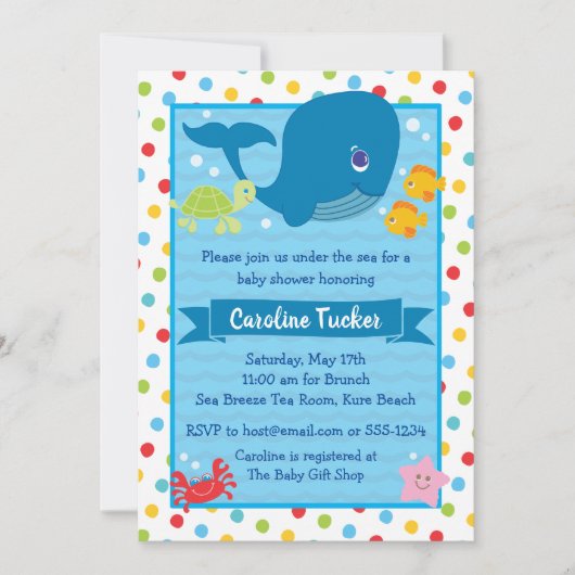 かわいい海の下でクジラの海赤ちゃんシャワー 招待状 (正面)