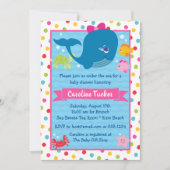 かわいい海の下でホエールピンクの女の子ベビーシャワー 招待状 (正面)