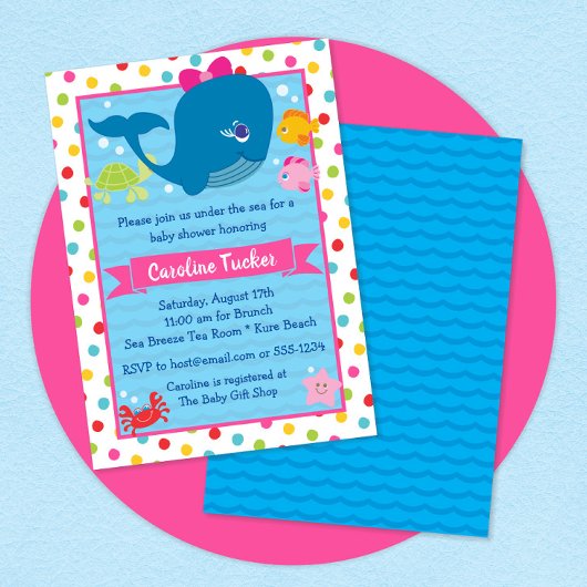 かわいい海の下でホエールピンクの女の子ベビーシャワー 招待状