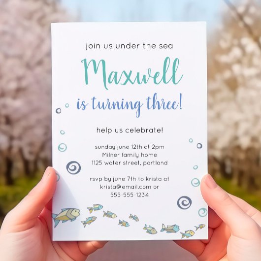 かわいい海の下で3歳の誕生日 招待状