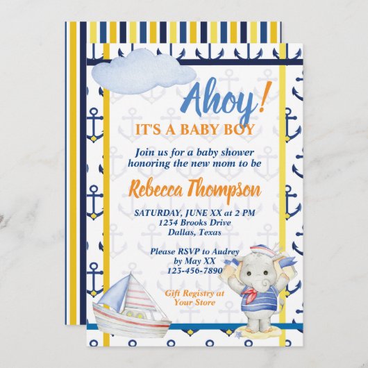 かわいい海の世界をテーマにした男の子のベビーシャワー 招待状 (正面/裏面)