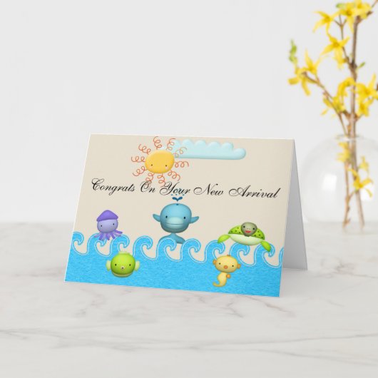 かわいい海の動物たちのベビーシャワー カード (黄色い花)