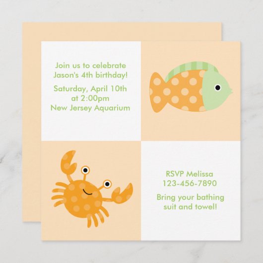 かわいい海の動物の夏とビーチ誕生日 招待状 (正面/裏面)