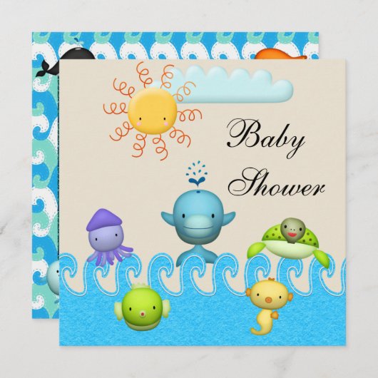 かわいい海の動物の赤ちゃんシャワー 招待状 (正面/裏面)