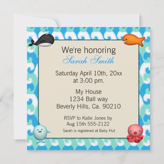 かわいい海の動物の赤ちゃんシャワー 招待状 (裏面)
