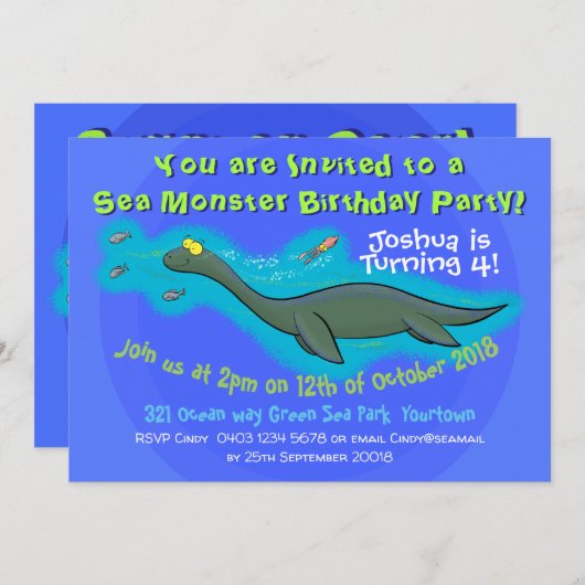 かわいい海の怪物の誕生日の招待 招待状 (正面/裏面)