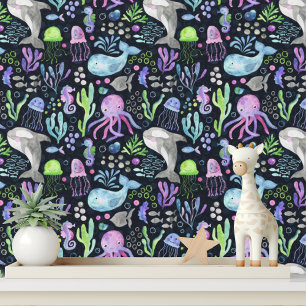 かわいい海の海動物クジラタコクラゲ 壁紙