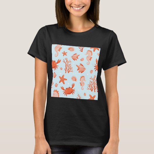 かわいい海の生き物と水中パターン、カニ、ヒトデ Tシャツ (正面)